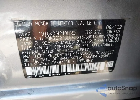 2023 Honda Hr-V 2Wd Ex-L z USA, uszkodzony, nr VIN 3CZRZ1H76PM708517